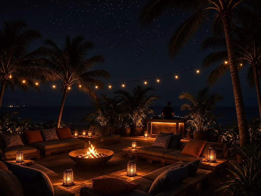 Lantern-lit lounge with a DJ booth under the stars
